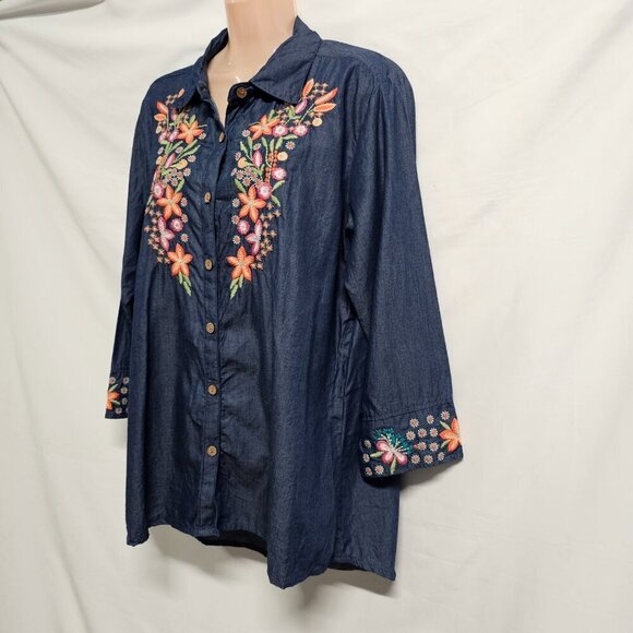 Parsley & Sage Women Embroidered Top Blouse Shirt Size `1X Blue Button Up Collar - Picture 5 of 14